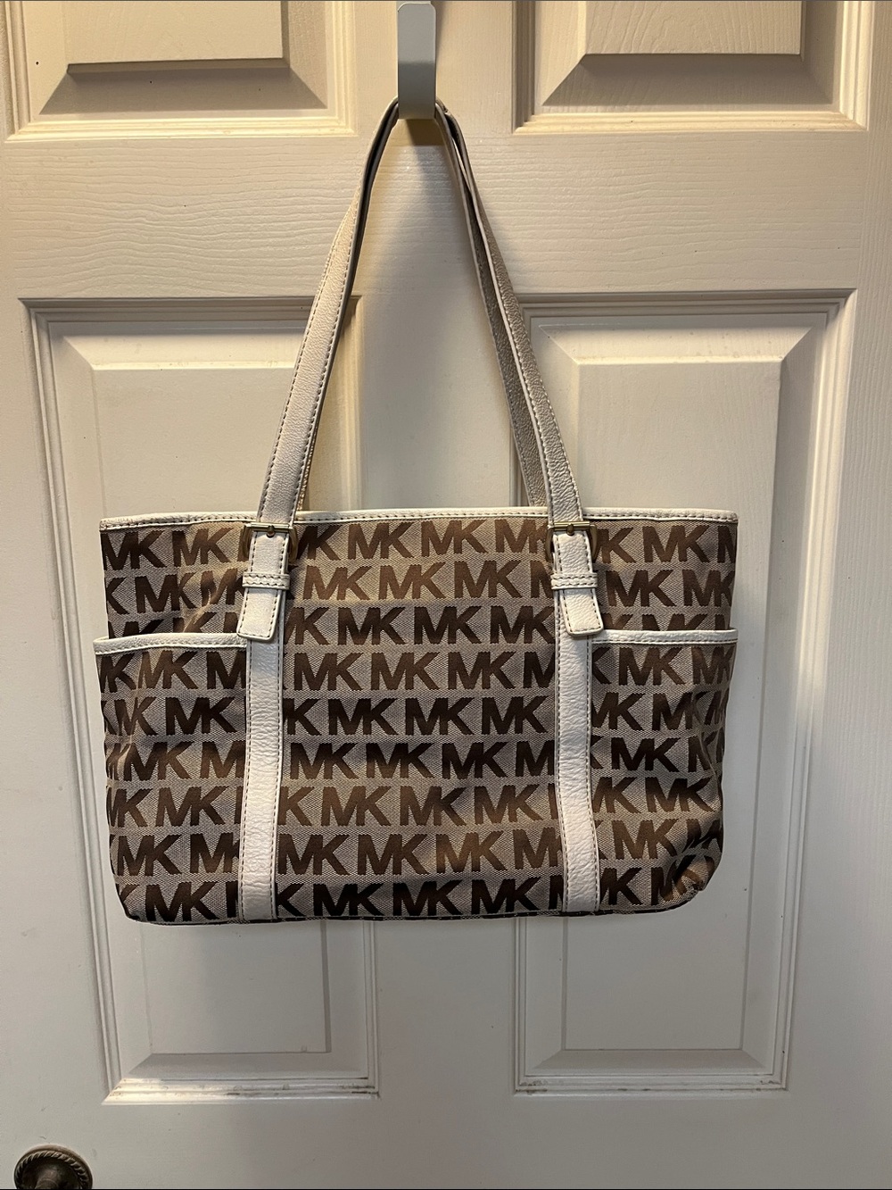 EUC Michael Kors Brown MK Logo Tote with White Trim and Dust Bag